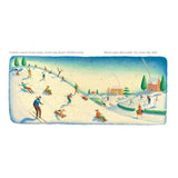 Whimsical winter illustration of people skiing, sledding, and skating on a snowy hill near houses and a snowman.