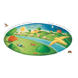 Whimsical children's book illustration of a rolling green landscape with animals, a river, and a child resting by a tent.