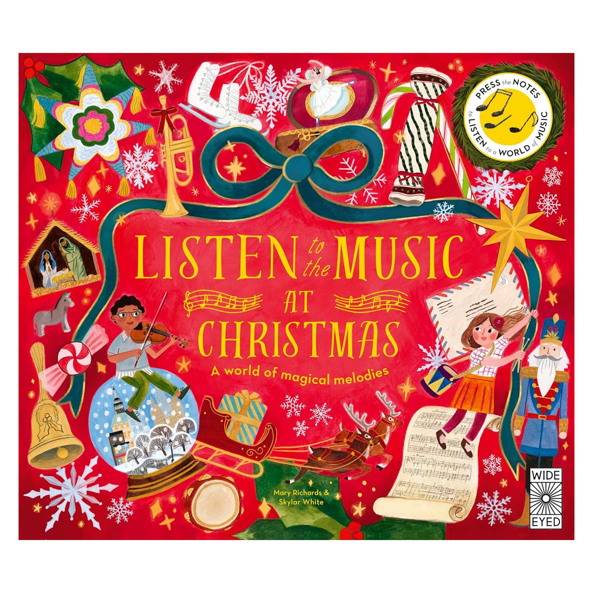 Listen to the Music at Christmas children's sound book cover with festive illustrations of carollers and holiday icons.