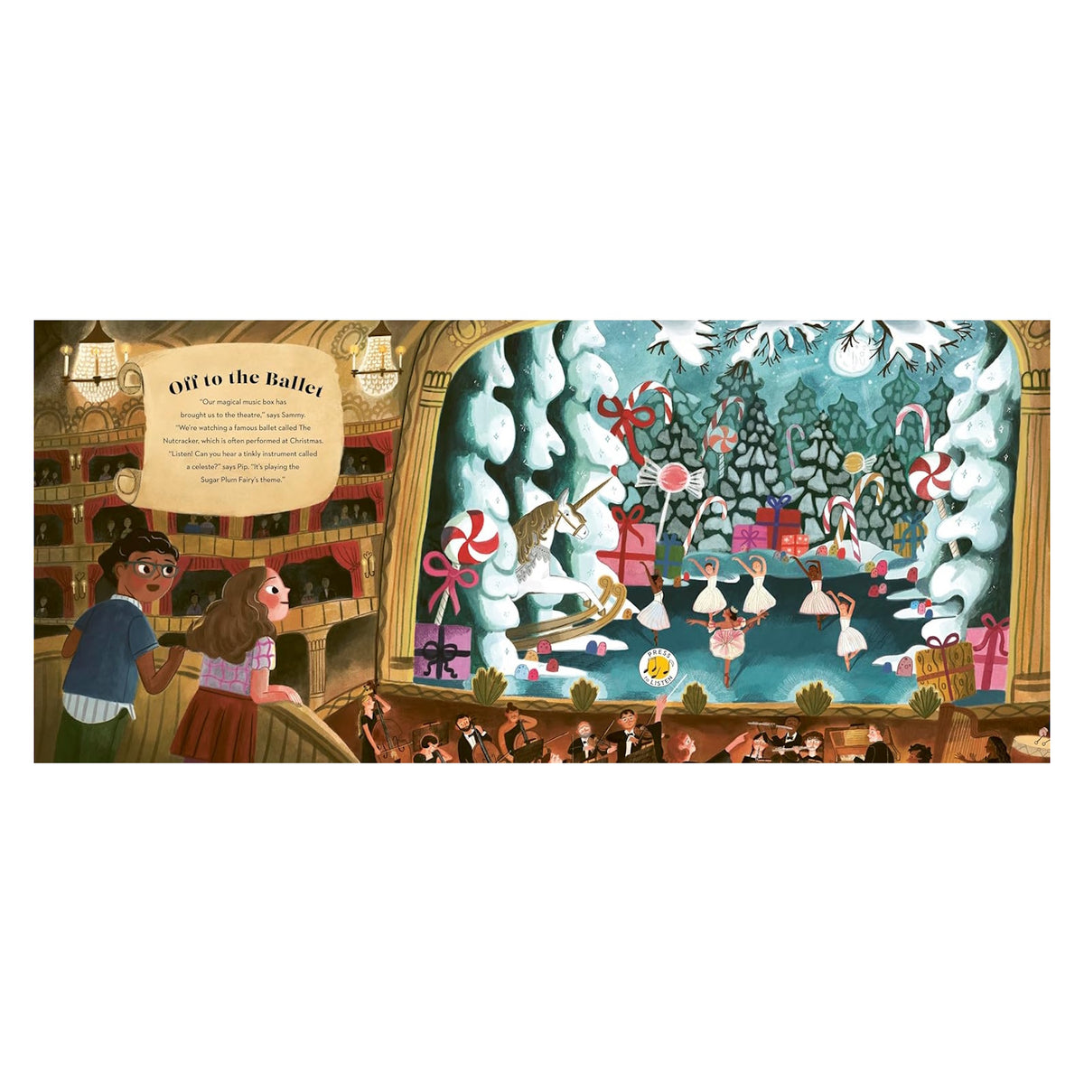 Children's Christmas sound book illustration of a theater stage featuring a Nutcracker ballet scene with ballerinas.