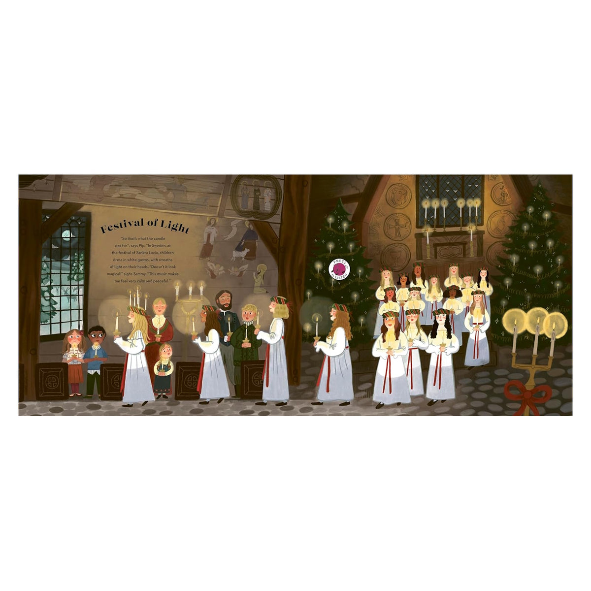 Children's book illustration of a Saint Lucia Festival of Light procession with girls in white gowns holding candles.