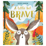 Children's book cover for A Little Bit Brave by Nicola Kinnear, featuring a surprised rabbit in an autumn forest.