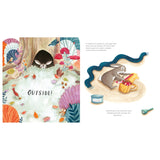 Illustration of a rabbit peeking from a burrow and packing a backpack with a snorkel, scarf, and biscuits.