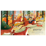 Illustration of a rabbit riding a galloping deer through a colorful forest with squirrels, birds, and butterflies.