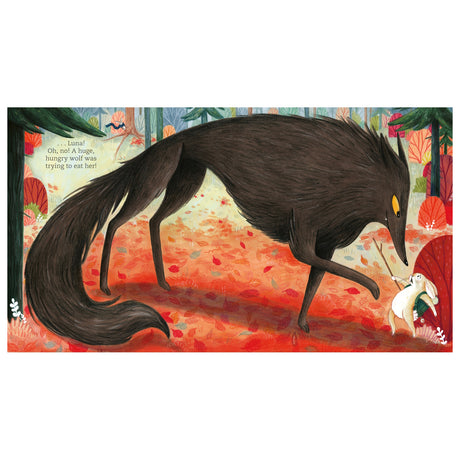 Large dark wolf looming over a small white rabbit in an autumn forest illustration with red leaves and trees.