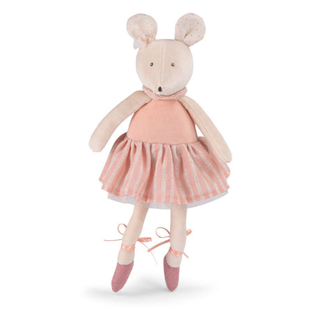 Plush ballerina mouse Anna toy in a pink striped tutu and ballet shoes for little dance school.