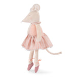 Plush ballerina mouse doll wearing a pink striped tutu and ballet slippers.