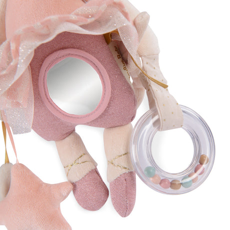 Pink plush ballerina toy featuring a circular mirror, a star accessory, and a clear rattle ring with colorful beads.