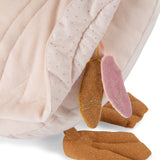 Plush swan activity toy with dangling fabric feathers and webbed feet.