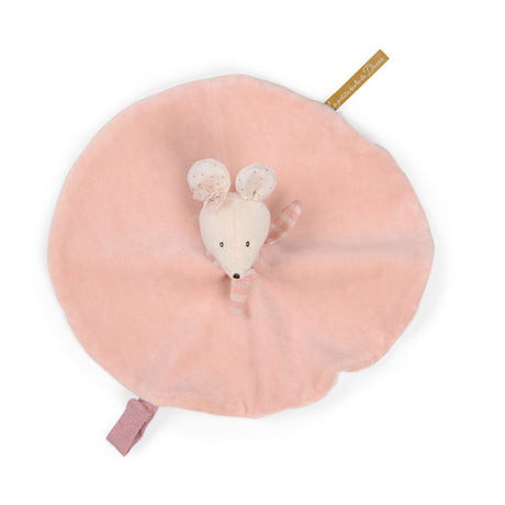 Soft pink plush toy in the shape of a mouse's head with ears and a striped tail on a round blanket, evoking a sense of warmth and comfort.