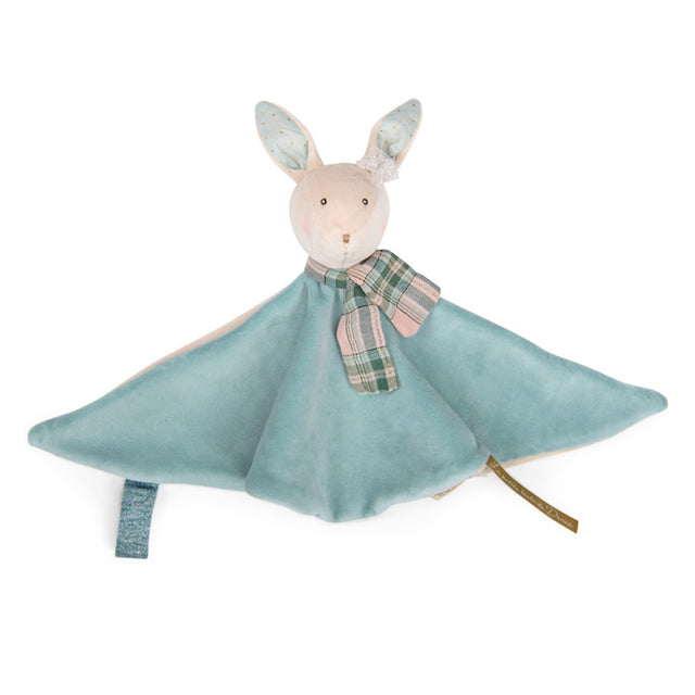 Soft toy rabbit with a cream face, blue ears, and blue body. It wears a plaid scarf and has a gentle, comforting appearance.