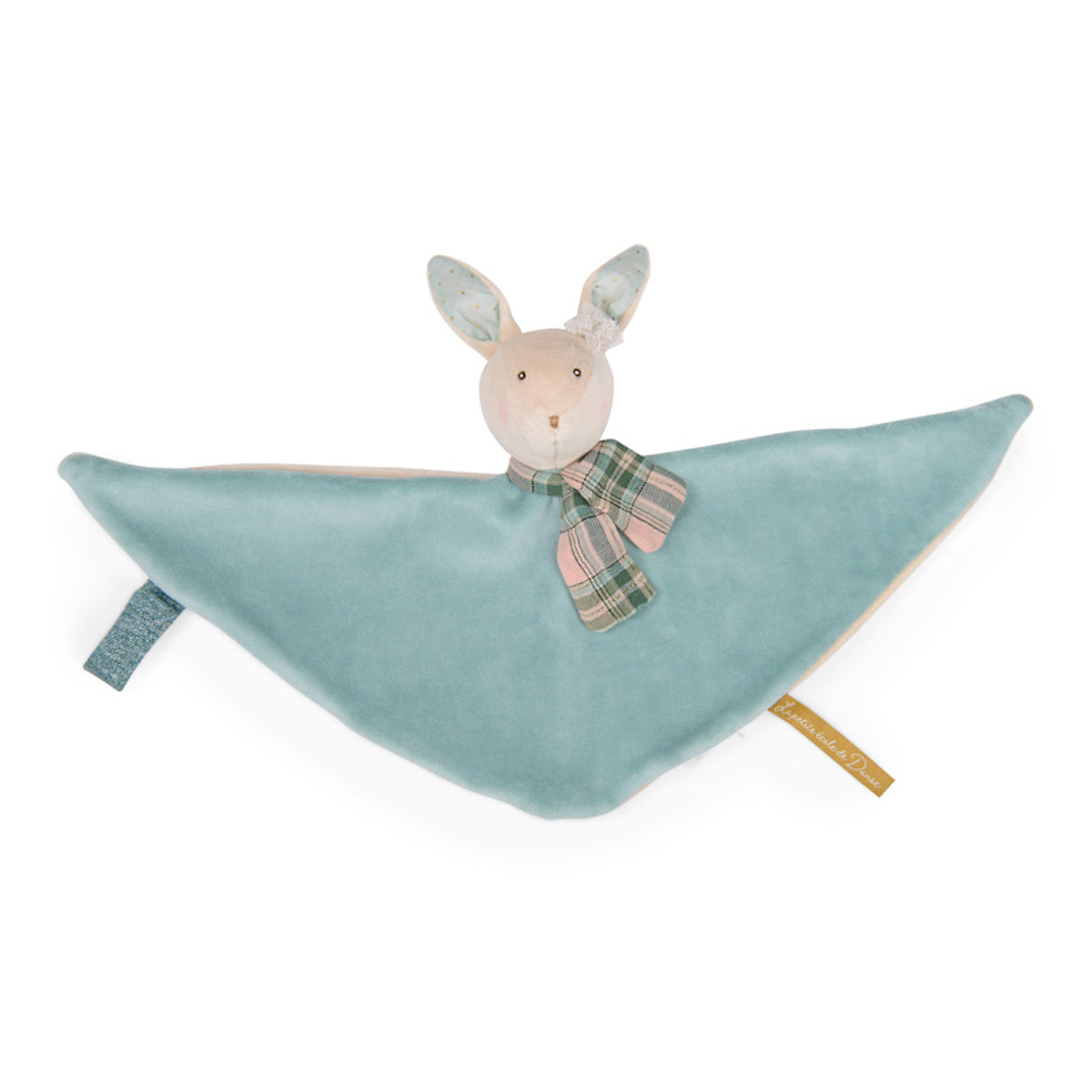 Soft toy rabbit with a cream face, blue ears, and blue body. It wears a plaid scarf and has a gentle, comforting appearance.