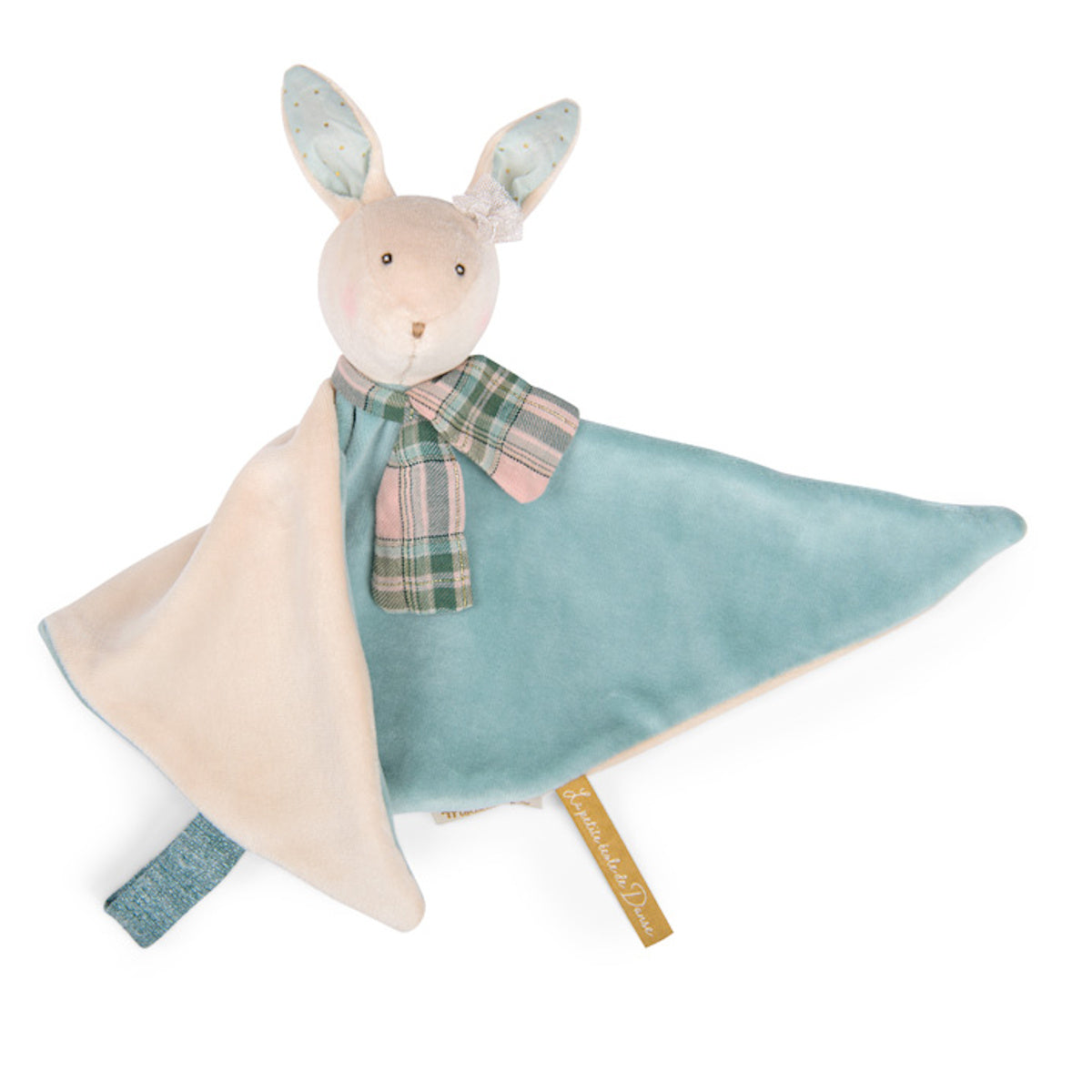 Soft plush security blanket in bunny shape, featuring pastel blue and cream colors. Bunny has floppy ears, a plaid scarf, and a gentle, soothing appearance.
