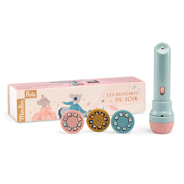 Moulin Roty storybook torch toy set with three projection discs and illustrated box.