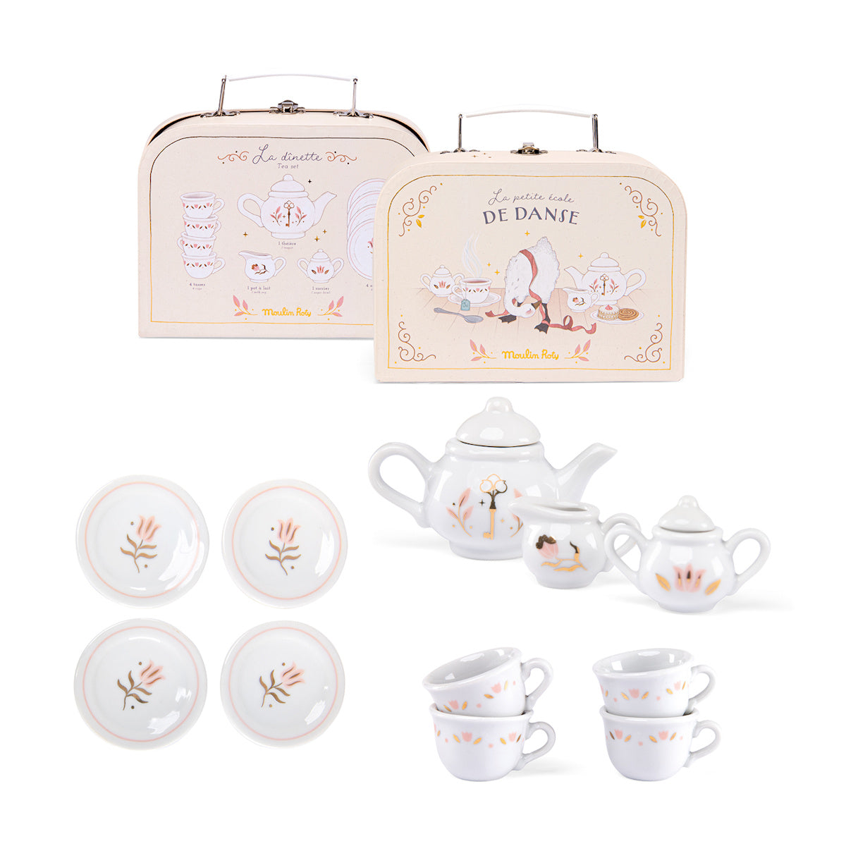 Moulin Roty La Petite Ecole De Danse ceramic toy tea set with suitcases, cups, and plates.