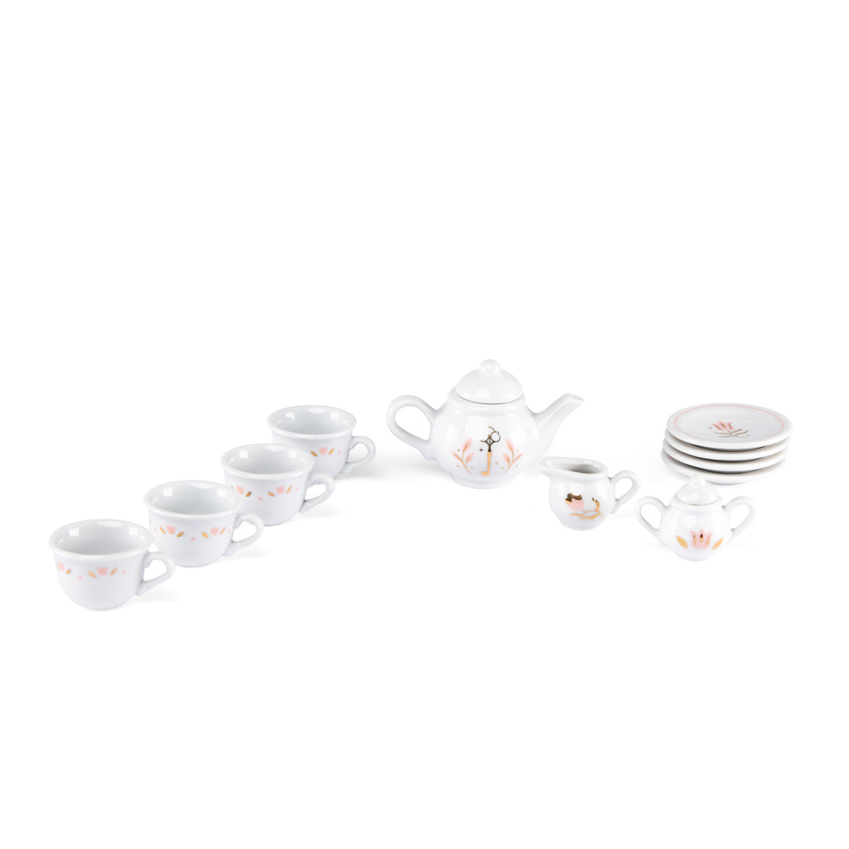 White porcelain kids play tea set with floral details, teacups, and a teapot.