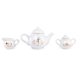 White ceramic miniature toy tea set with pink and gold key floral designs.