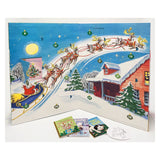 Little Golden Books Advent Calendar open spread with Santa flying sleigh and mini books, front flat lay view.