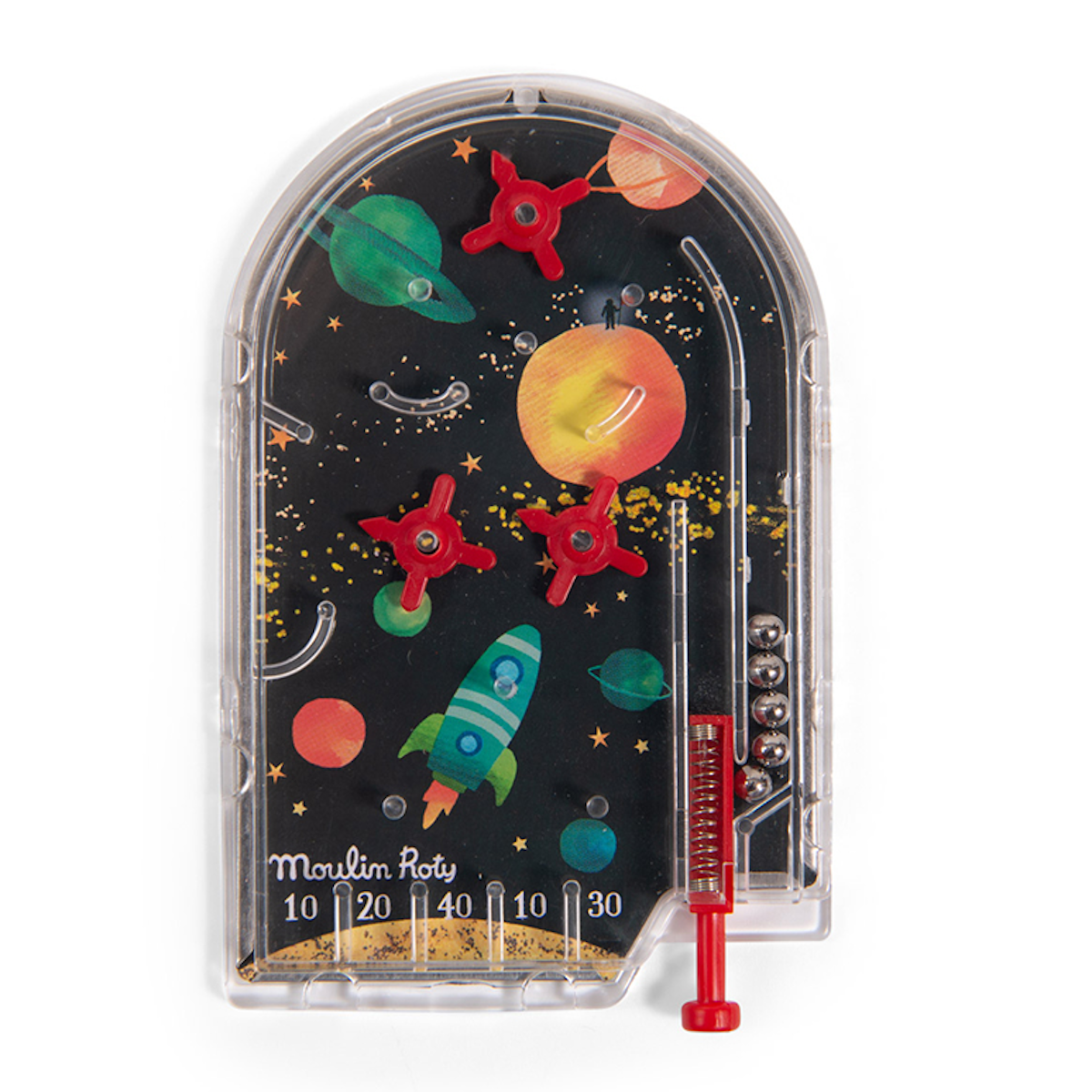 A colorful pinball game with a space theme featuring planets, stars, and a rocket ship. It has red flippers, silver balls, and a clear plastic cover.