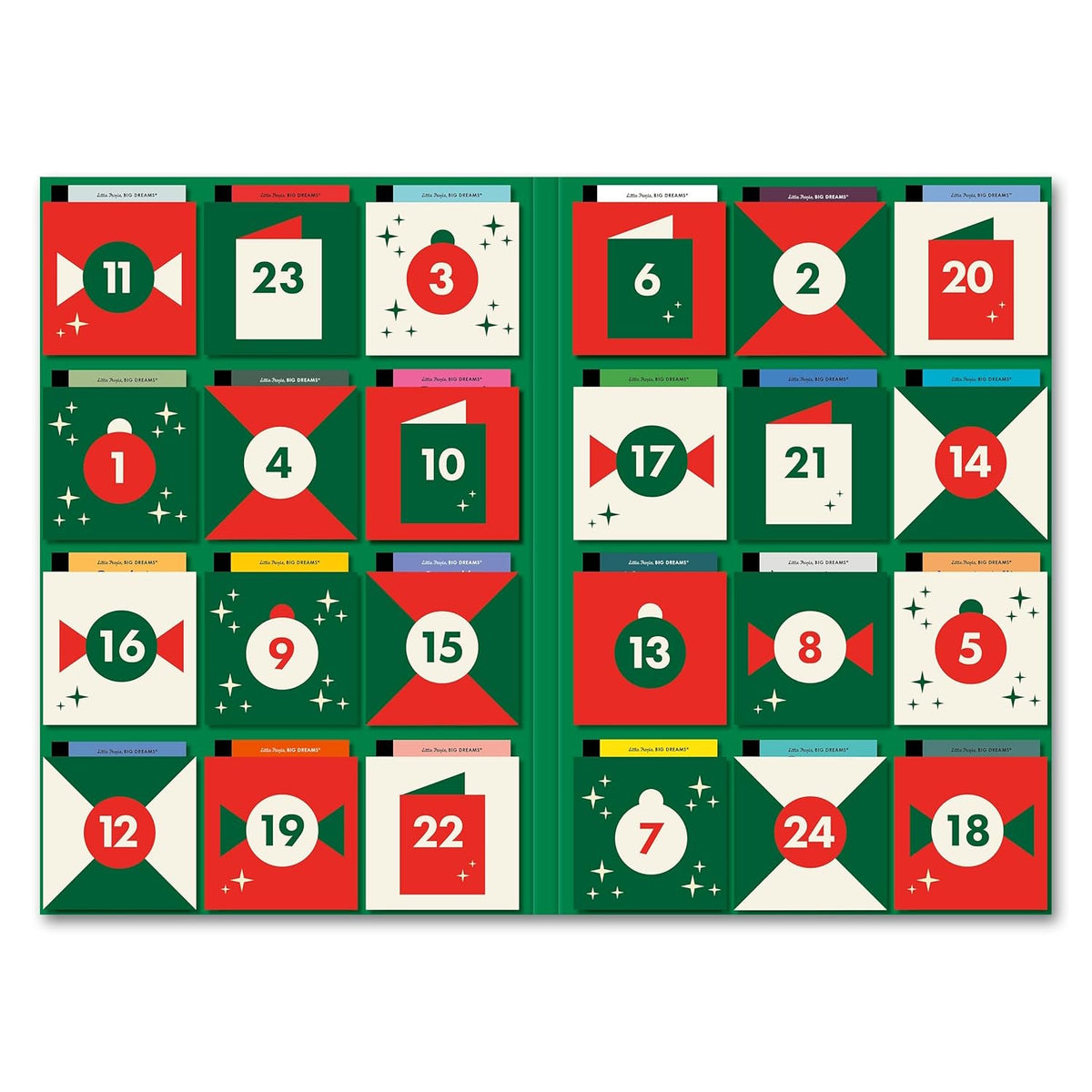 Front view of the open cardboard Little People Big Dreams Advent Calendar showing 24 numbered holiday doors.