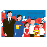Illustrated book page depicting young Yayoi Kusama standing with her family against a floral background.