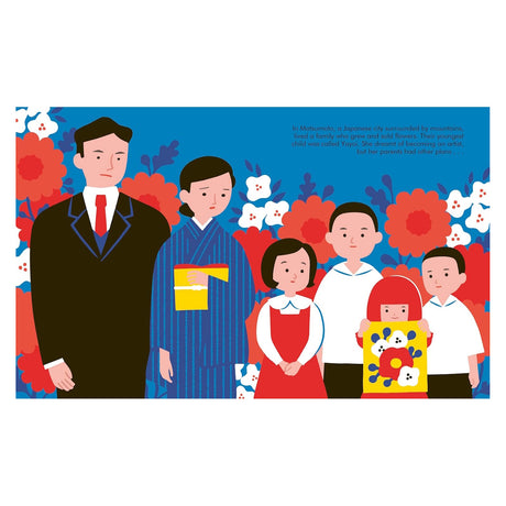 Illustrated book page depicting young Yayoi Kusama standing with her family against a floral background.