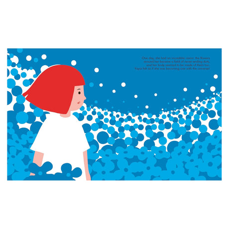 Illustrated book spread showing Yayoi Kusama surrounded by a sea of blue and white polka dots.