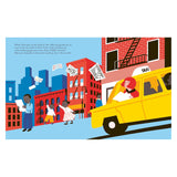 Illustrated book spread of Yayoi Kusama riding in a yellow taxi through New York City.