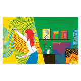 Illustrated book spread showing Yayoi Kusama painting intricate polka dots on a canvas in her studio.