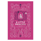 Book cover of A Little Princess by Frances Hodgson Burnett, featuring silver foil illustrations on a pink cloth background.