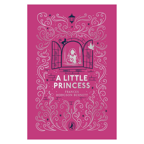 Book cover of A Little Princess by Frances Hodgson Burnett, featuring silver foil illustrations on a pink cloth background.