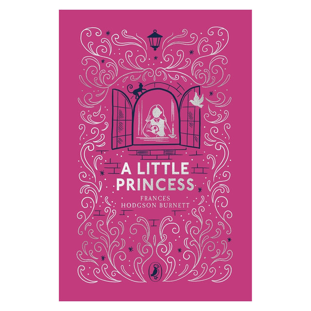 Book cover of A Little Princess by Frances Hodgson Burnett, featuring silver foil illustrations on a pink cloth background.