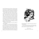 An open book showing a classic black and white illustration of a man holding a young girl next to printed story text.