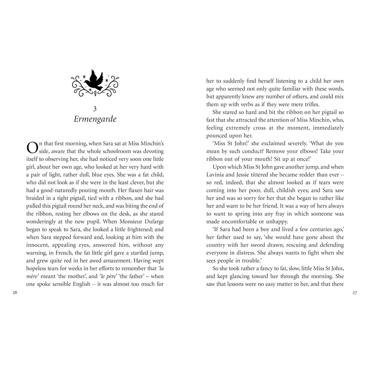 Interior pages 26 and 27 of A Little Princess, featuring a bird illustration and the start of chapter 3, Ermengarde.