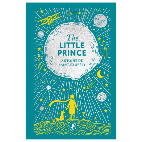 Book cover for The Little Prince by Antoine de Saint-Exupéry featuring a teal background with silver and gold celestial art.