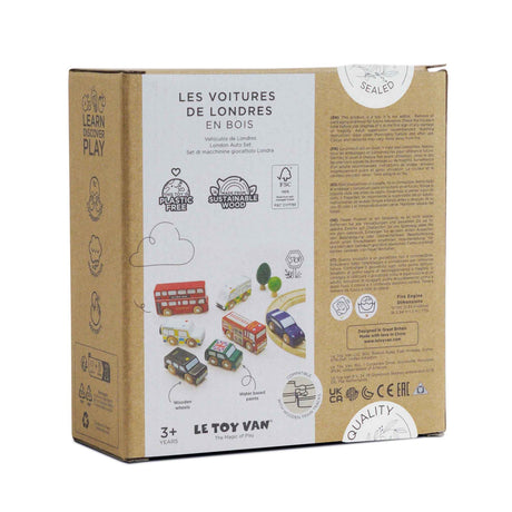 The back of the cardboard packaging for the Le Toy Van London Auto wooden toy car set.