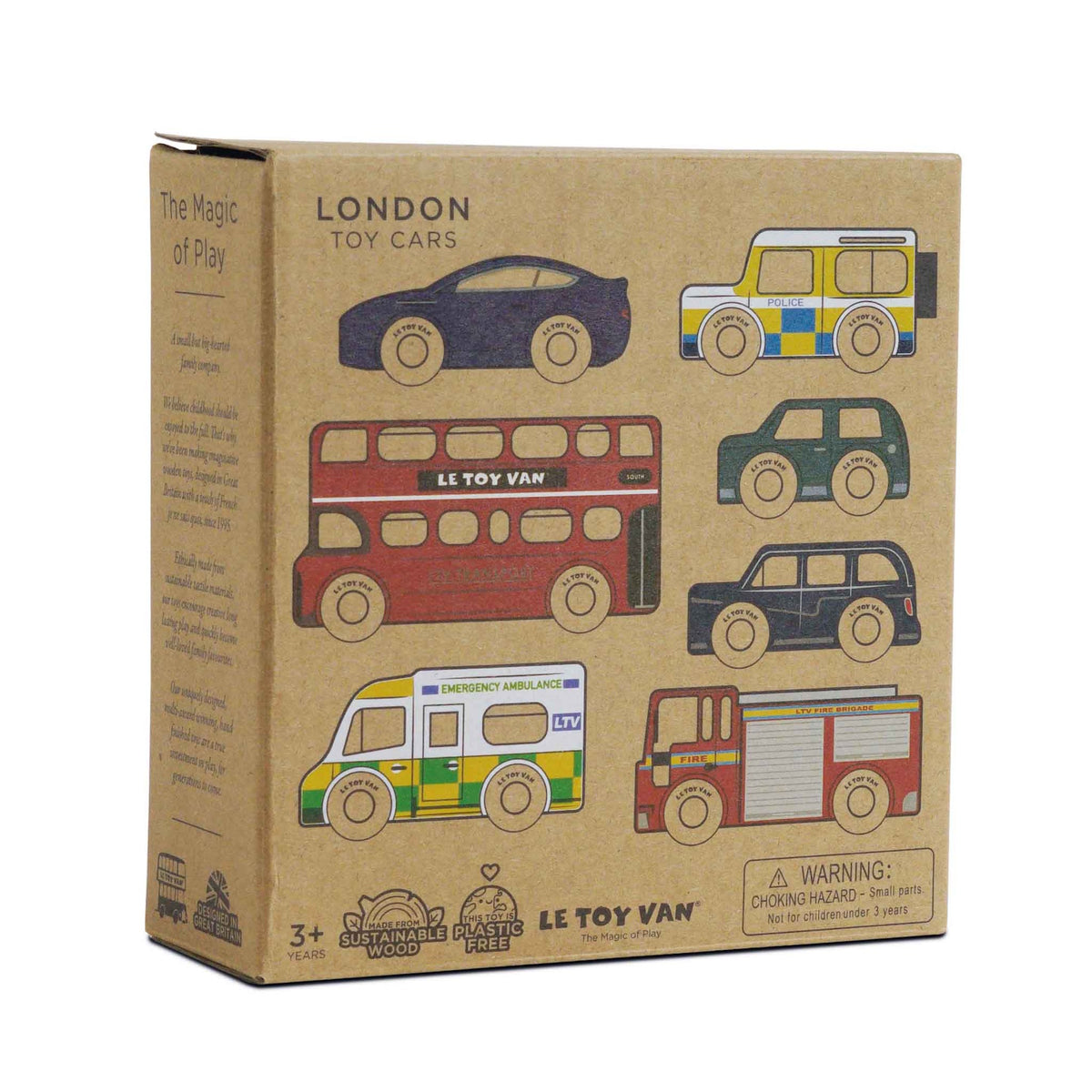Cardboard box packaging for the Le Toy Van London Toy Cars wooden set.