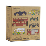 Cardboard box packaging for the Le Toy Van London Toy Cars wooden set.
