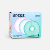 Packaging box for Speks Gump memory gel stress loops featuring three cool-toned ring fidgets.
