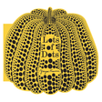 Yellow pumpkin-shaped board book cover of Lots of Dots by Yayoi Kusama, covered in black polka dots.