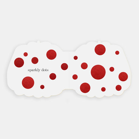 Shaped board book spread showing "sparkly dots" featured as red glittery circles on a white background.