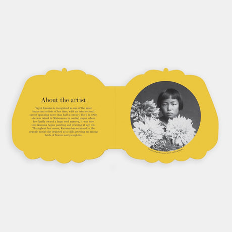 Shaped board book spread featuring "About the artist" text opposite a portrait of young Yayoi Kusama.