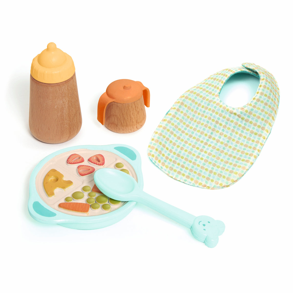 Wooden doll feeding set with toy bottle, sippy cup, bib, and plate with play food and spoon.