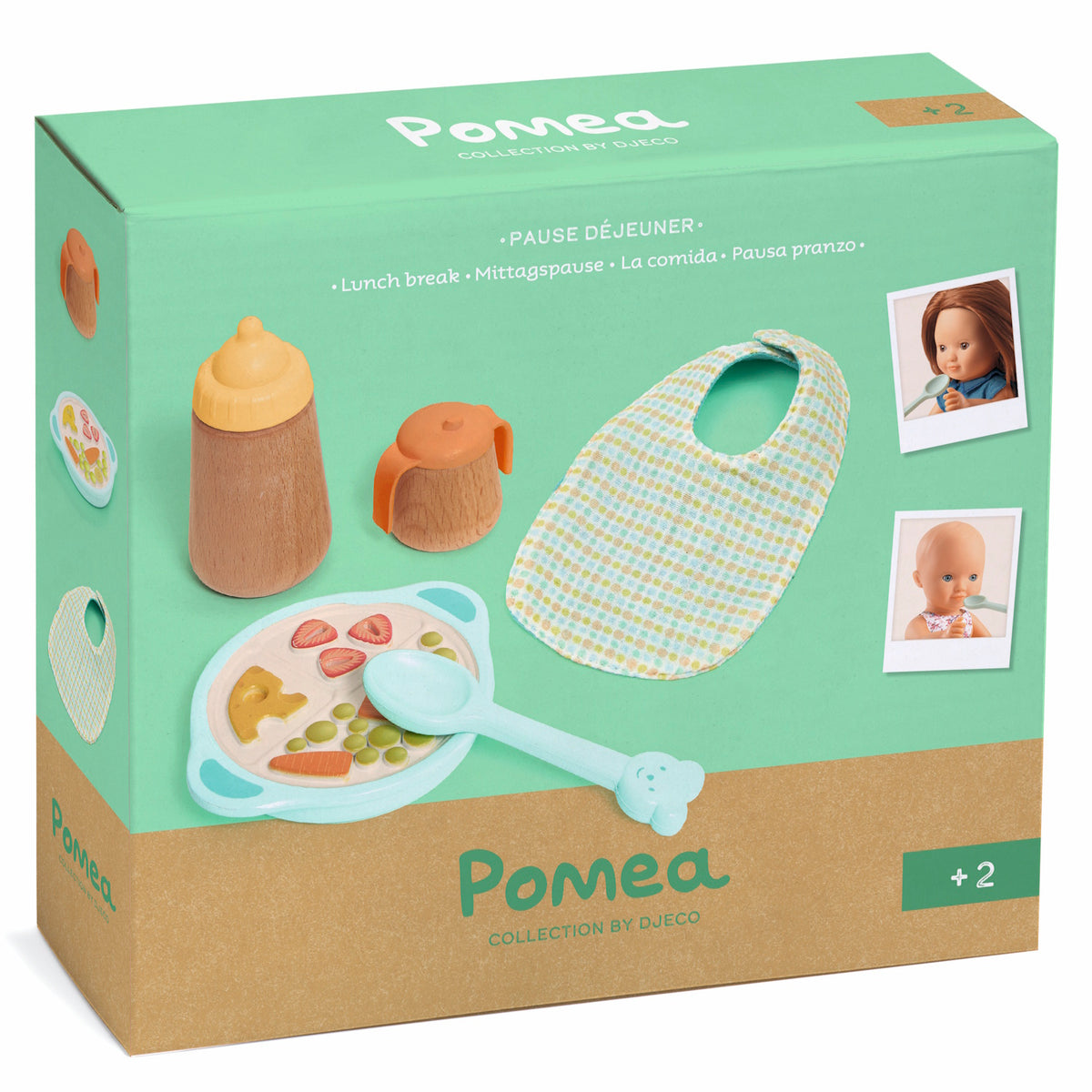 Djeco Pomea Doll Lunch Break feeding set with bib, magic bottle, bowl, and spoon in original packaging.