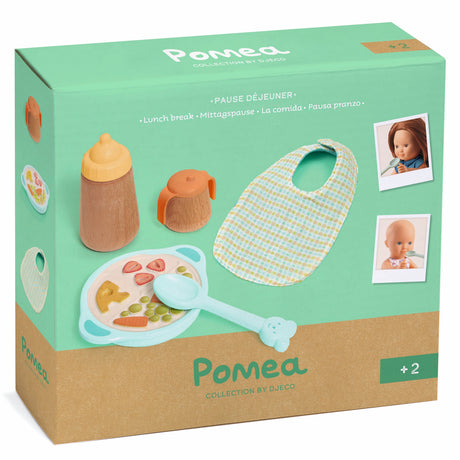 Djeco Pomea Doll Lunch Break feeding set with bib, magic bottle, bowl, and spoon in original packaging.
