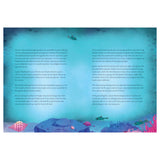 Two-page spread of a children's book featuring a deep-sea mermaid story with underwater illustrations and text.