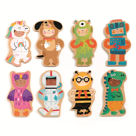 Colorful mix-and-match character wooden puzzle for kids featuring unicorn, robot, and dinosaur costumes.