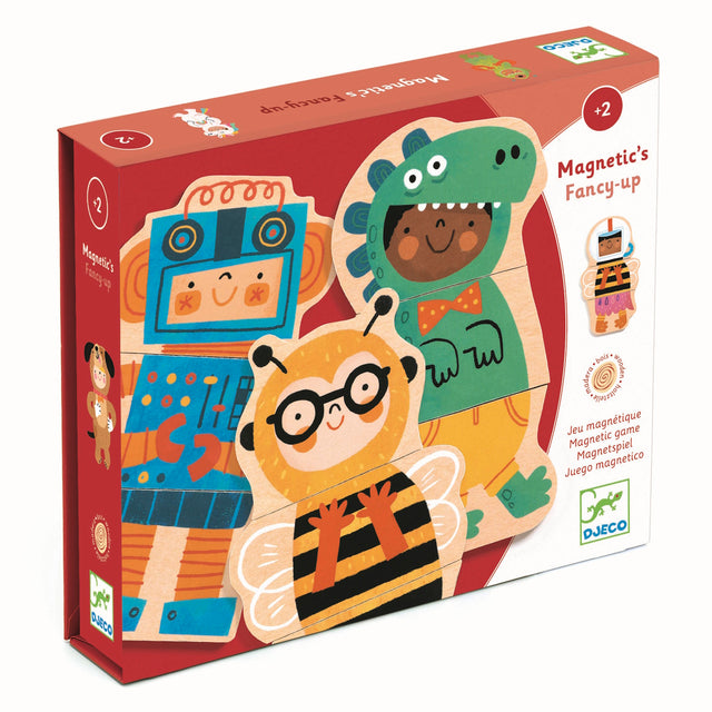 Djeco Magnetic's Fancy-up wooden magnetic puzzle game for toddlers with robot, bee, and dinosaur characters.