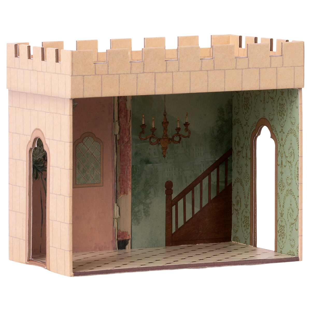 Miniature cardboard dollhouse room with a castle exterior, intricate wallpaper, staircase mural, and chandelier. Arched doorways add an elegant touch.
