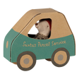 Maileg Christmas mouse inside Santa's Parcel Service cardboard toy car.